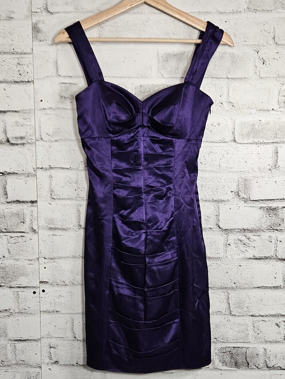 Morgan & Co Purple Satin Cocktail Dress Sweetheart Sheath Size 3 4 - Picture 2 of 14
